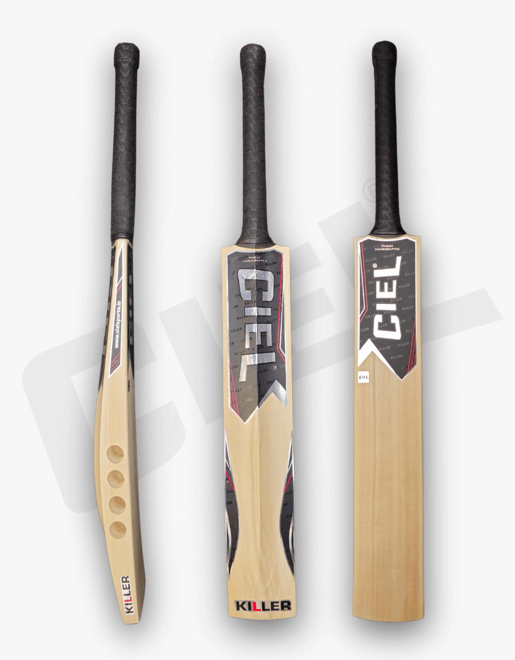 Killer Edition Hard Tennis Bat – Side, front, and back profiles showcasing its premium build, offering exceptional performance for hard tennis ball cricket.