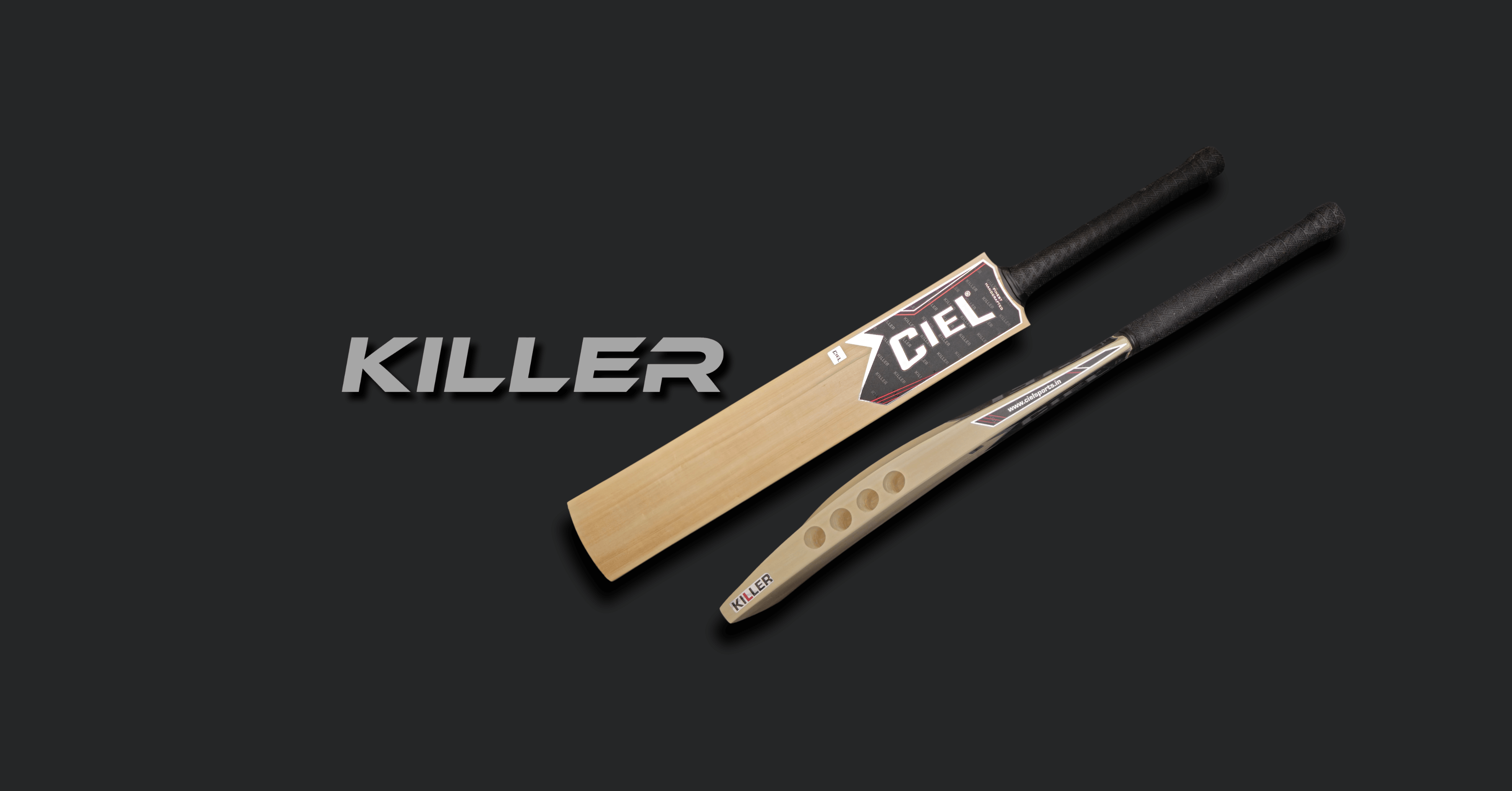 Killer Edition Tennis Cricket Bat shown in desktop hero banner by Ciel Sports, crafted for ultimate performance with hard tennis balls