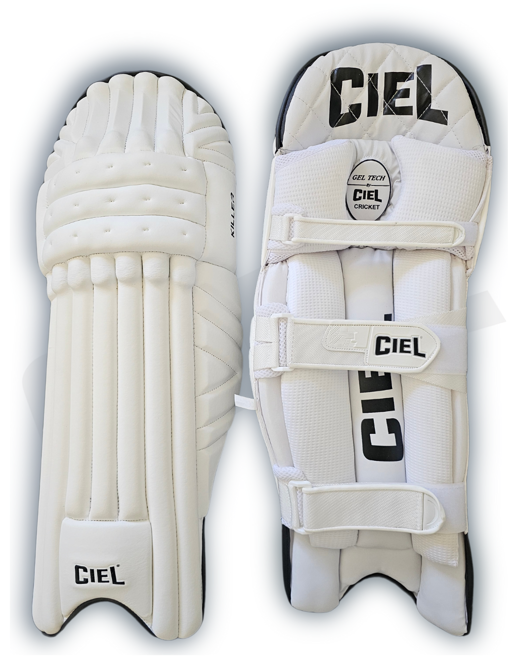 Killer white cricket batting leg guard front and back view for professional protection