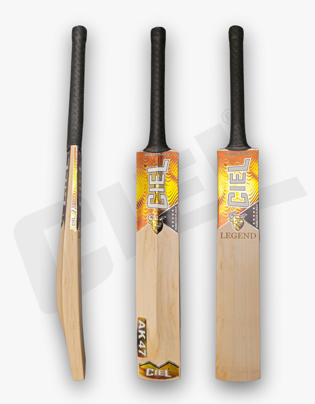 Legend Edition Leather Bat – Front, back, and side views showcasing its premium willow, thick edges, clean finishing, and professional-grade profile for leather ball cricket.