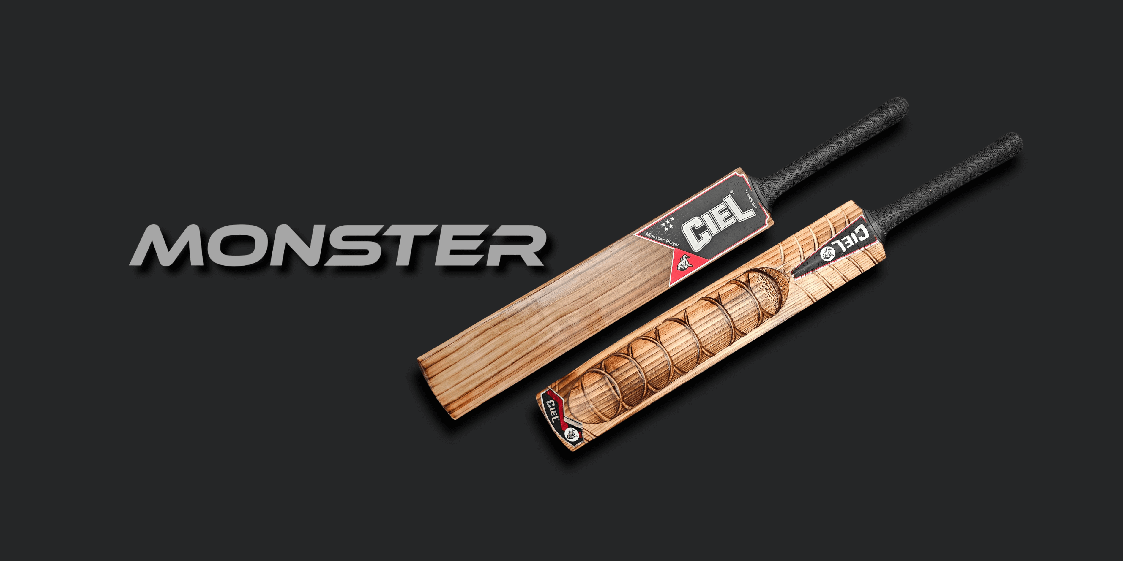 Monster Edition Grade 1+ Kashmir Willow Tennis Bat – Desktop hero banner showcasing powerful build, thick edges, and premium design for hard tennis ball cricket.