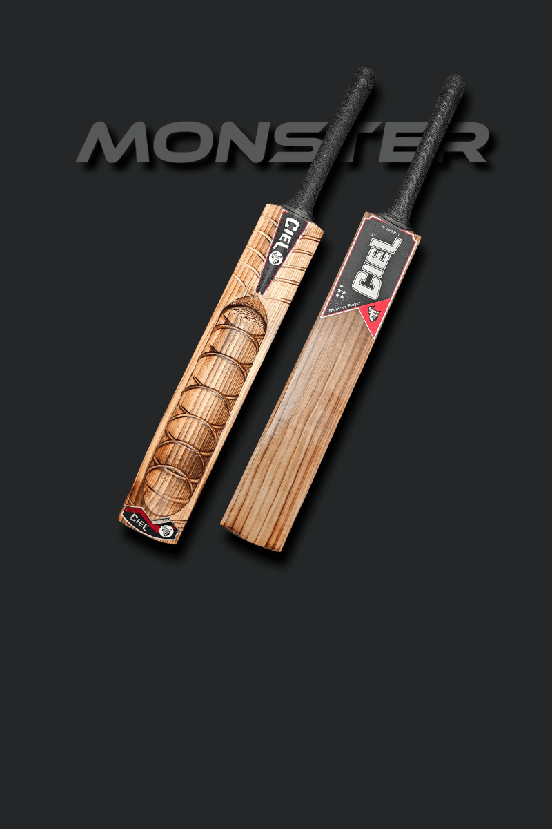 Monster Edition Grade 1+ Kashmir Willow Tennis Bat – Mobile hero banner featuring explosive power, thick edges, and premium build for hard tennis ball cricket