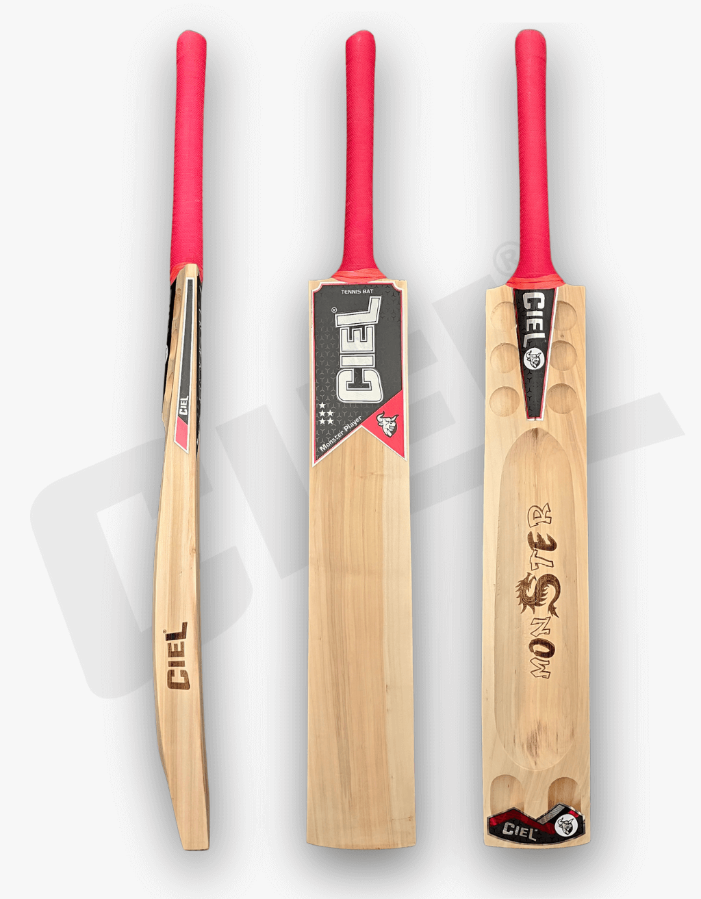 Monster Edition bat featuring full Singapore cane handle for better control and shock absorption.