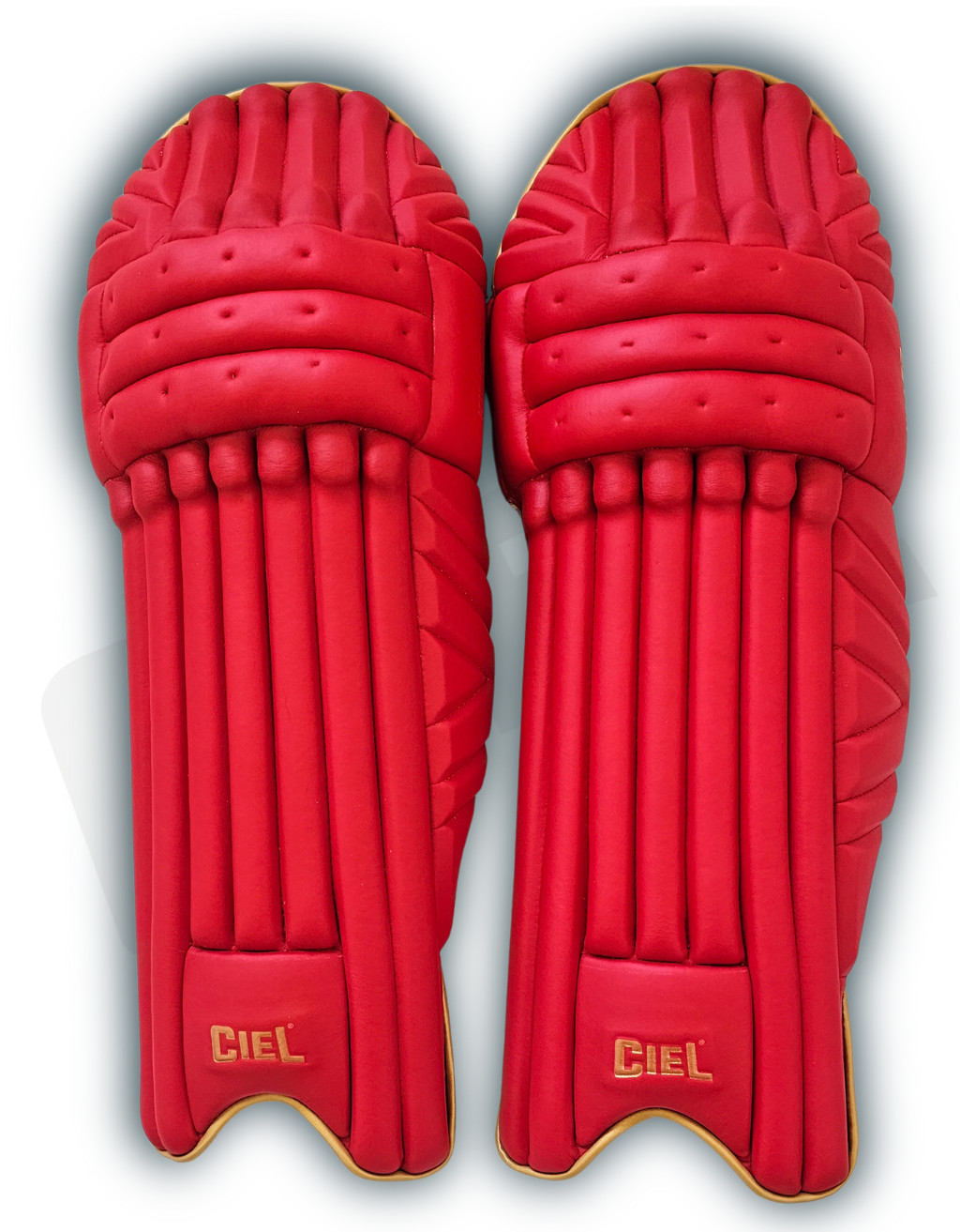 Front view of red Killer Edition cricket leg guards by Ciel Sports, offering bold style and solid protection