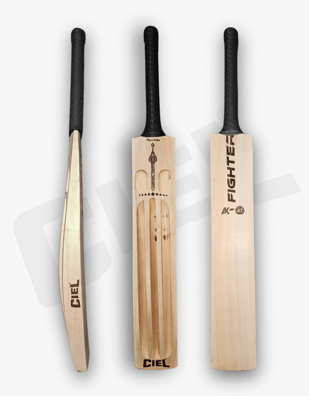 Fighter Bat displayed from side, front, and back angles highlighting its premium build and design.