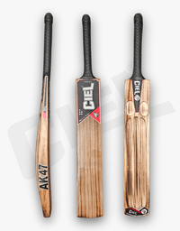 AK-47 Triple Blade cricket bat shown from front, side, and back angles – power-packed tennis bat by Ciel Sports