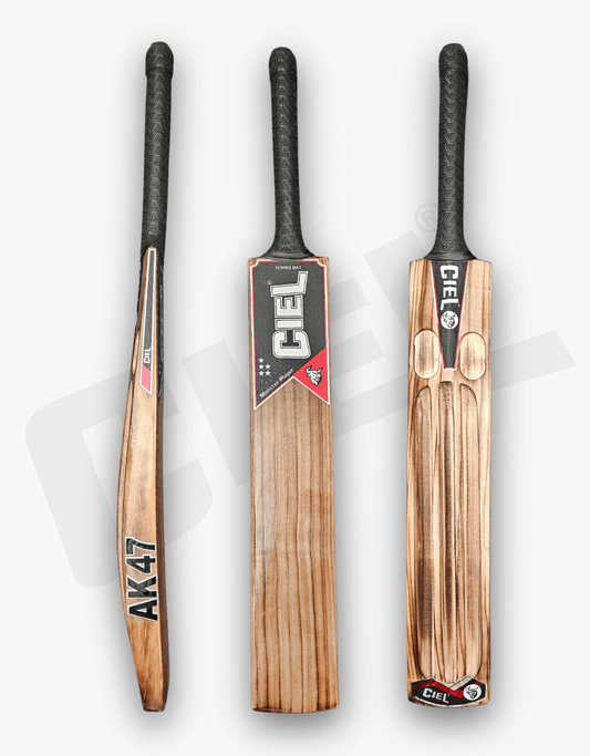 AK-47 Triple Blade cricket bat shown from front, side, and back angles – power-packed tennis bat by Ciel Sports