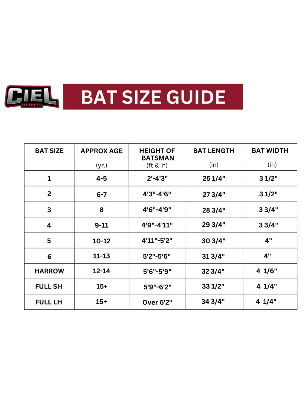 Cricket bat size chart showing bat size, player age, height, bat length, and width for sizes 1 to 6, harrow, short handle, and long handle bats