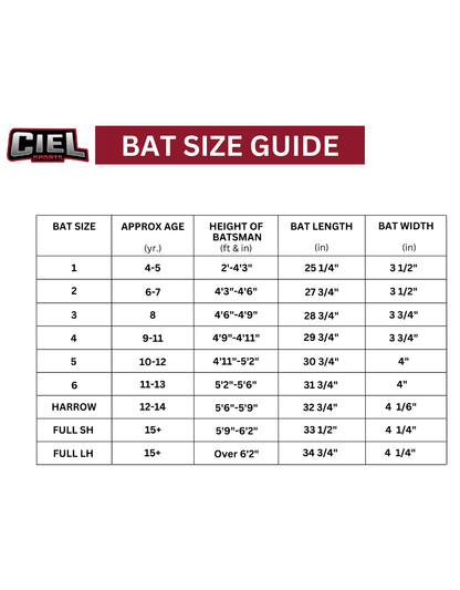Cricket bat size chart showing bat size, player age, height, bat length, and width for sizes 1 to 6, harrow, short handle, and long handle bats