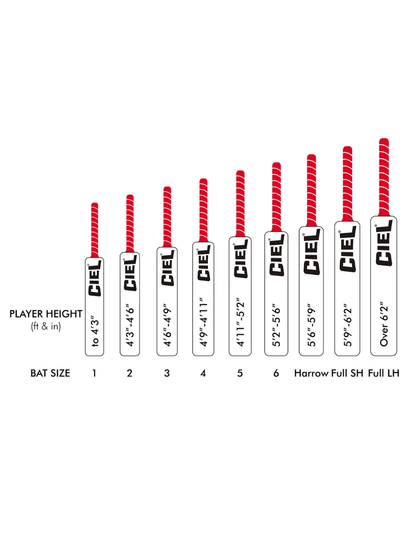 Cricket bat size guide chart with height references for sizes 1 to long handle – Ciel Sports