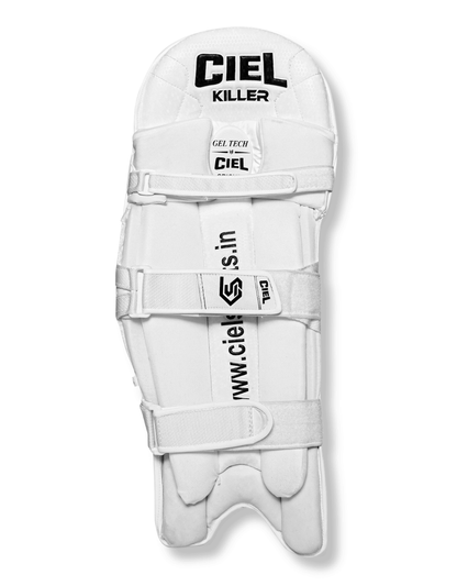 Back of a white Killer Edition cricket batting pad showing three adjustable straps and buckles