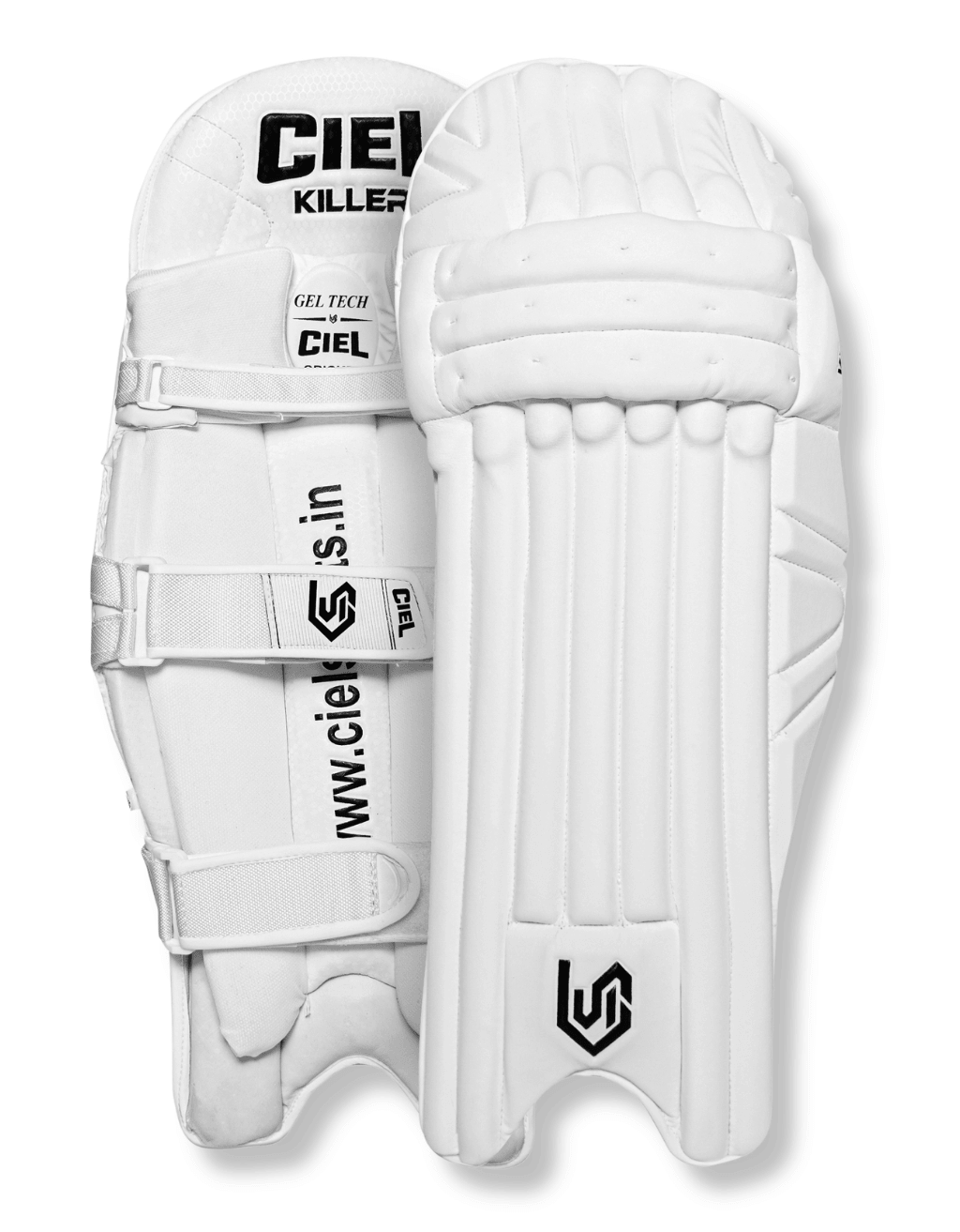 Killer Edition cricket batting pads in white — front and back of the pair side by side