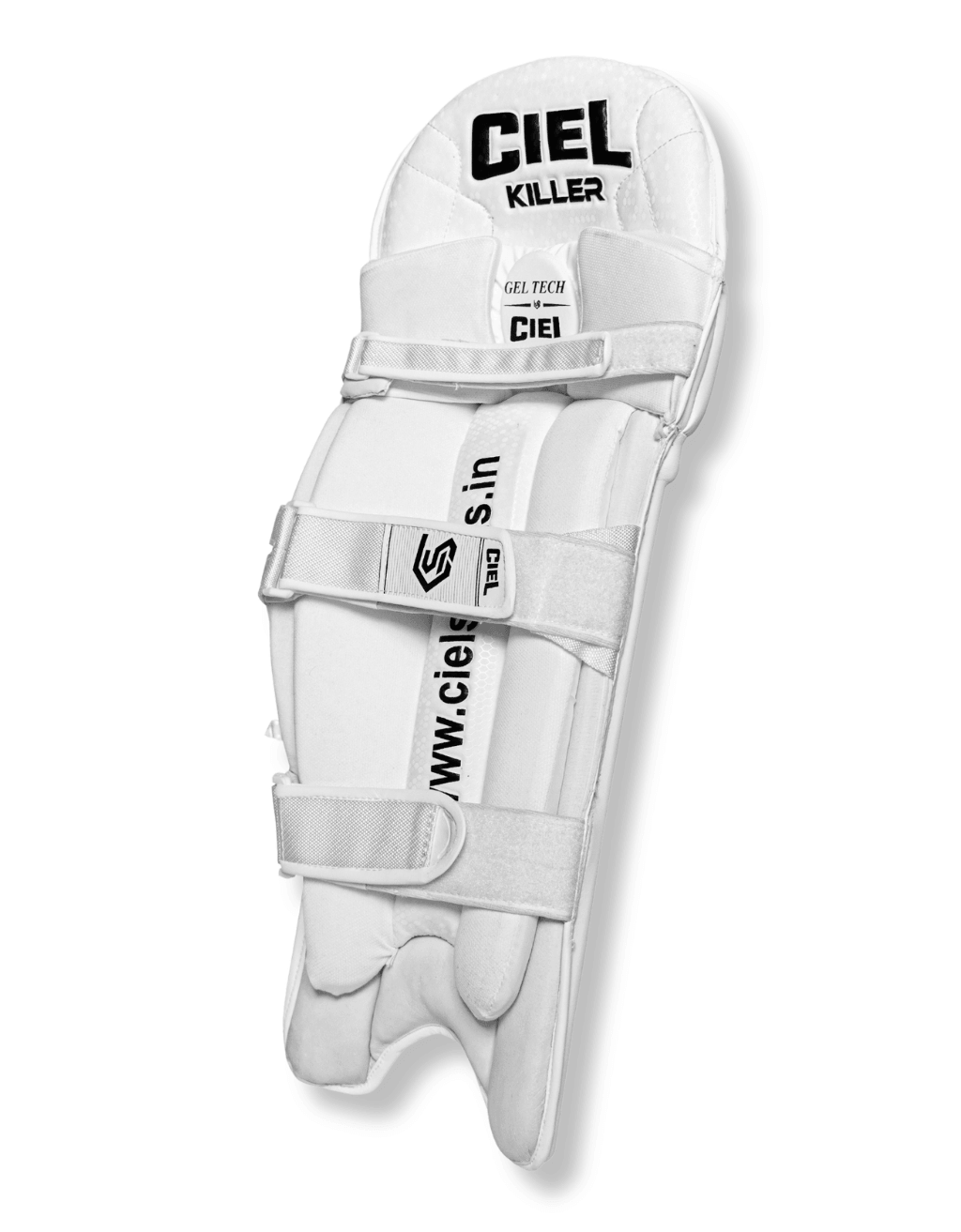 Three-quarter back view of a white Killer Edition batting leg guard and its strap layout