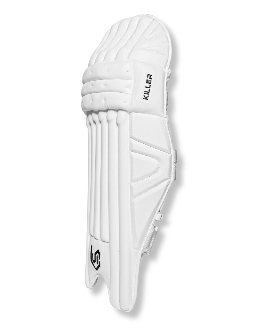 Three-quarter front view of a white Killer Edition cricket batting pad with side wing protection