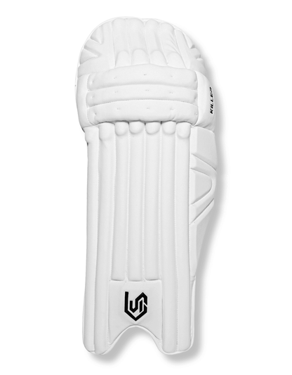 Front view of a white Killer Edition cricket batting leg guard showing the five-roll face