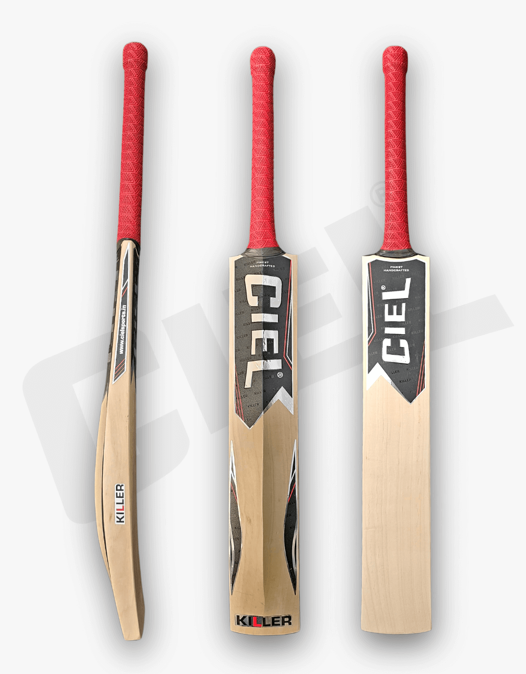 Killer Edition Leather Cricket Bat by Ciel Sports displayed from front, back, and side angles, highlighting full profile and premium finish