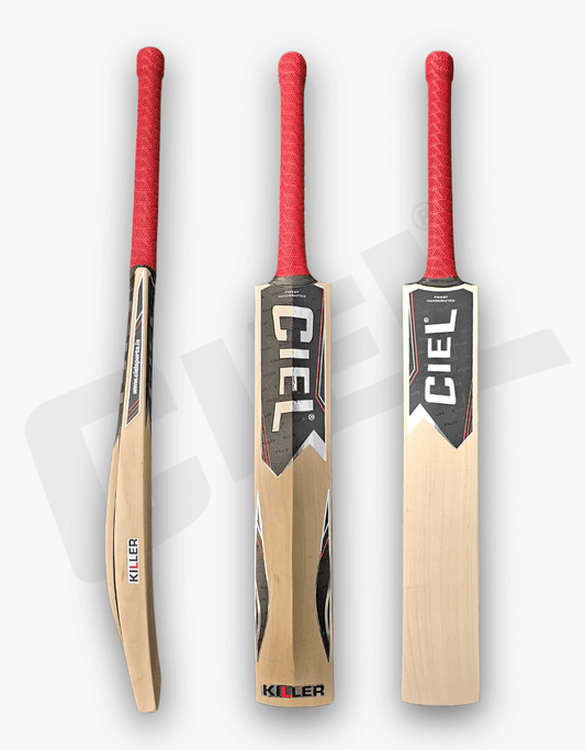 Killer Edition Leather Cricket Bat by Ciel Sports displayed from front, back, and side angles, highlighting full profile and premium finish