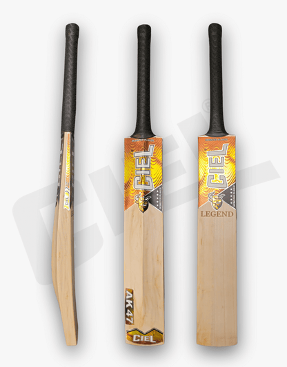 Legend Edition Leather Bat – Front, back, and side views showcasing its premium willow, thick edges, clean finishing, and professional-grade profile for leather ball cricket.