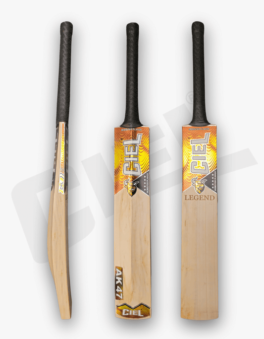 Legend Edition Leather Bat – Front, back, and side views showcasing its premium willow, thick edges, clean finishing, and professional-grade profile for leather ball cricket.