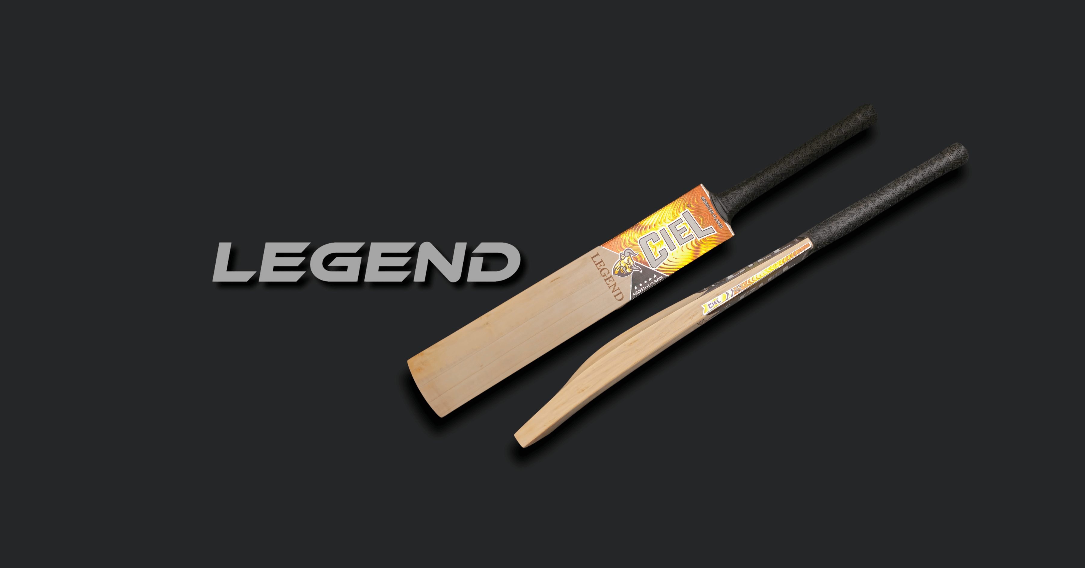 Legend Edition Leather Cricket Bat displayed on Ciel Sports desktop hero banner, showcasing premium grade willow and elegant profile