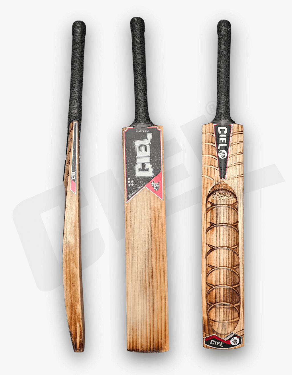 Monster Burn Edition Grade 1+ Kashmir Willow Tennis Bat – Front, back, and side views displaying the bat’s full profile, spine, edges, and premium Burn design crafted for hard tennis ball dominance.