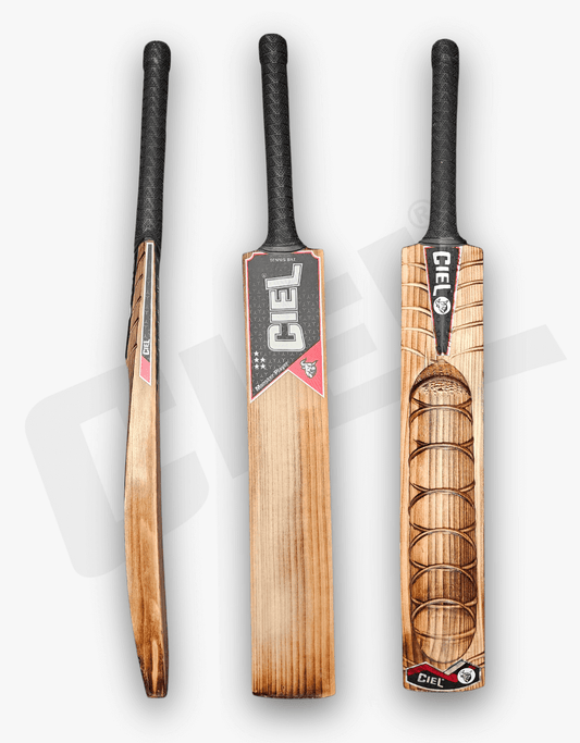 Monster Burn Edition Grade 1+ Kashmir Willow Tennis Bat – Front, back, and side views displaying the bat’s full profile, spine, edges, and premium Burn design crafted for hard tennis ball dominance.