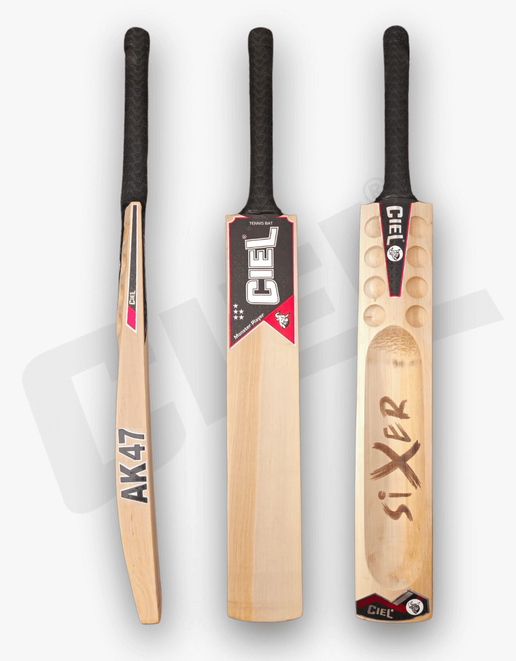 All views of Sixer Edition Hard Tennis Cricket Bat including front, side with 45mm edges, and back with scoop profile made from rare top-grade Kashmir willow