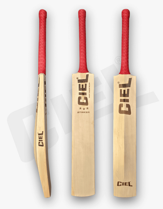 Striker Edition Grade 1 English Willow Bat – Showcasing all three views (side, back, and front) of this premium bat, designed for excellent power, balance, and precision for leather ball cricket.