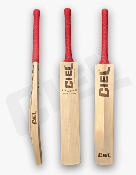 Titan Pro Player Edition English Willow Bat – Showcasing all three views (side, back, and front) of this high-performance bat, crafted for maximum power, balance, and precision in leather ball cricket.